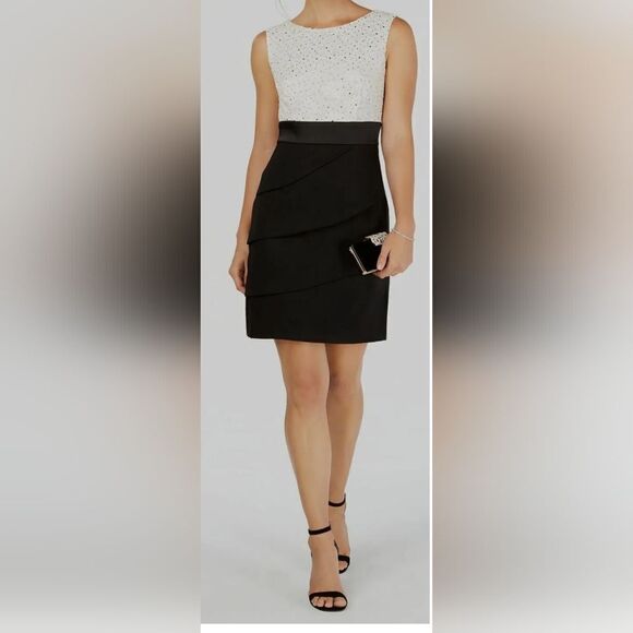 Connected Apparel Black White Colorblock Sequin Lace Cocktail dress NWT size 8P - Picture 1 of 6